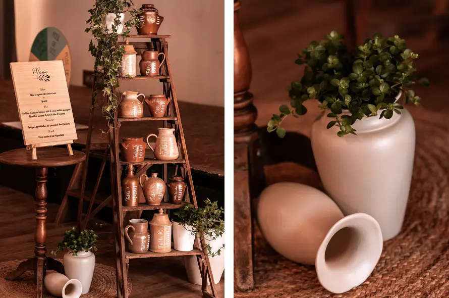 Plan de table avec pot en céramique sur une échelle de peintre